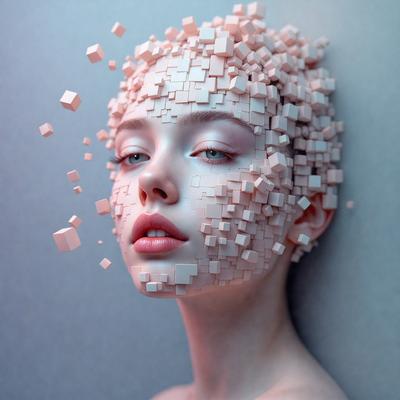 The primary subject of the image is a woman with a unique and artistic appearance. She has a head made of cubes, giving her a distinctive and creative look. The setting is a gray background, which contrasts with the woman's head and adds to the overall visual style. The image is a digital art piece, showcasing the artist's skill in creating a visually striking and imaginative scene. The colors and mood of the image are predominantly gray and neutral, with the woman's head